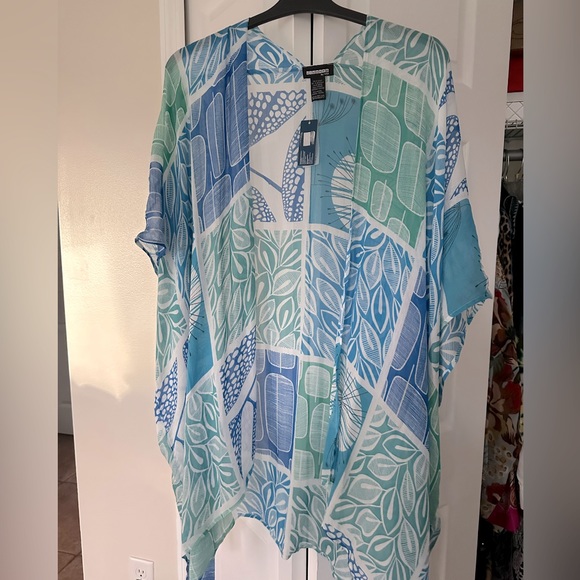 VSA Accessories - Viviante by VSA semi Sheer print, Open Wrap Shawl Kimono Coverup, OSFM
